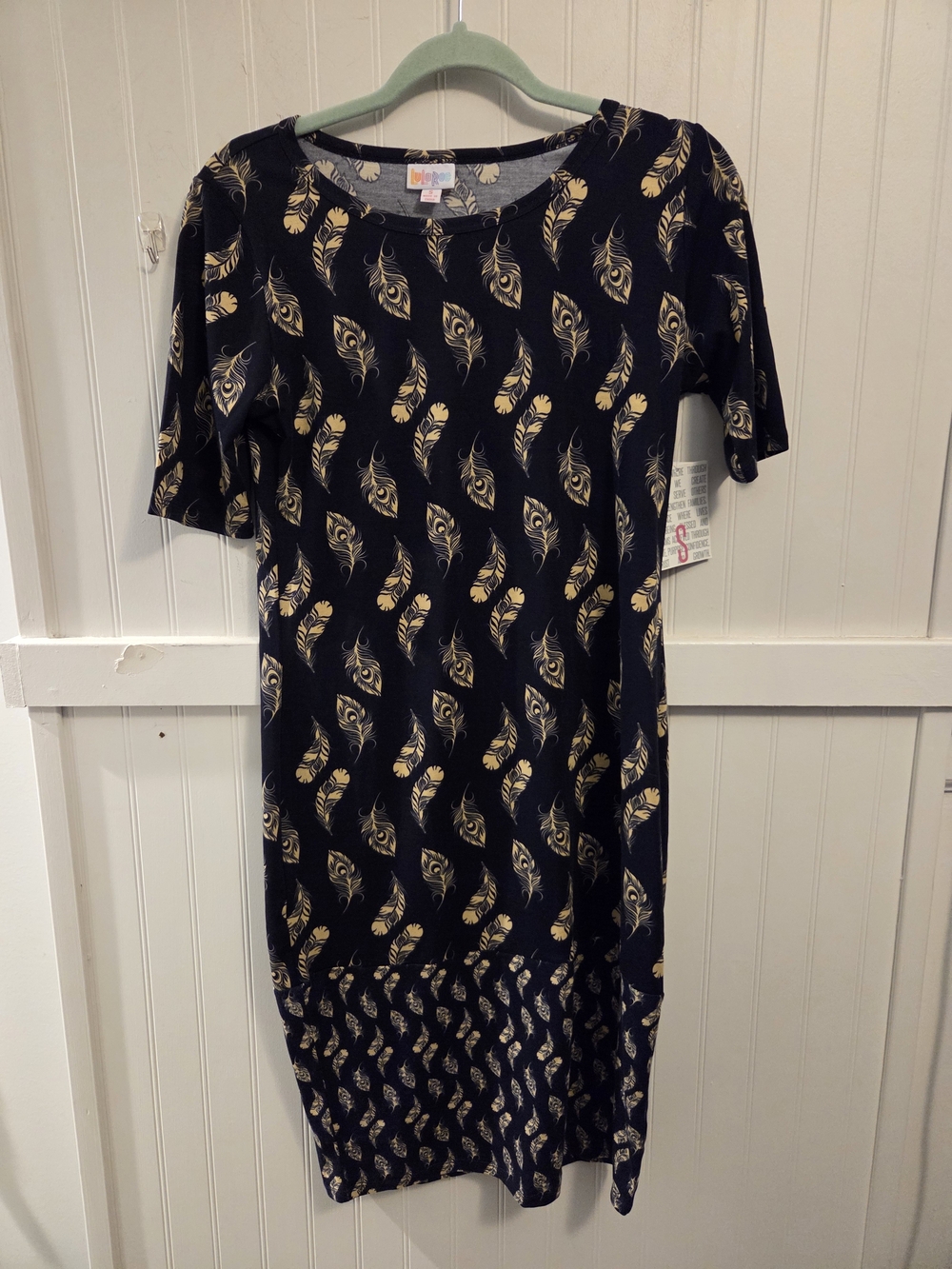 NWT LuLaRoe Navy Julia Midi Dress with Tan Feather Print Size Small